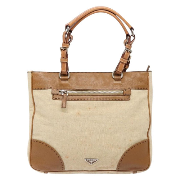 PRADA Tote Bag Canvas Leather Beige Silver Auth 141034