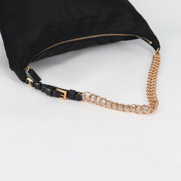 PRADA Chain Shoulder Bag Nylon Black Gold Auth 141036V