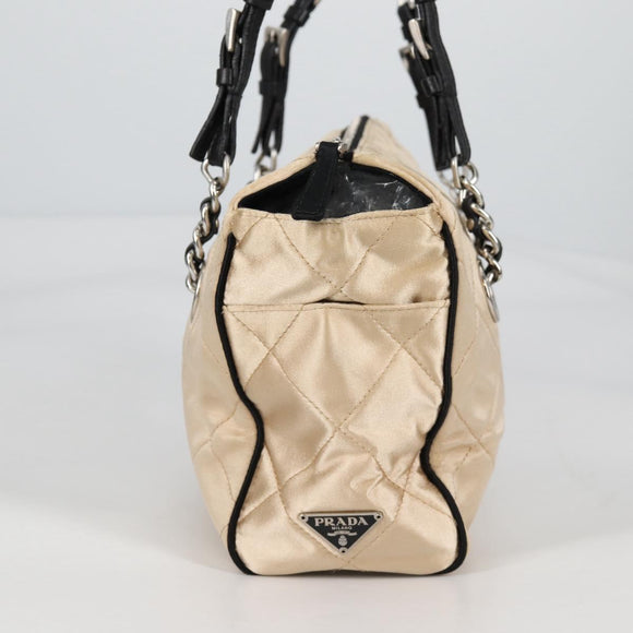 PRADA Chain Shoulder Bag Satin Beige Silver Auth 141037V