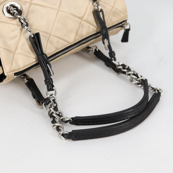 PRADA Chain Shoulder Bag Satin Beige Silver Auth 141037V