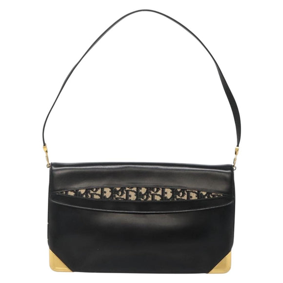 Christian Dior Trotter Canvas Shoulder Bag Leather Black Gold Auth 141053