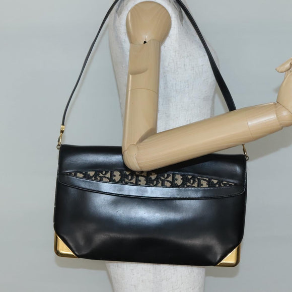 Christian Dior Trotter Canvas Shoulder Bag Leather Black Gold Auth 141053