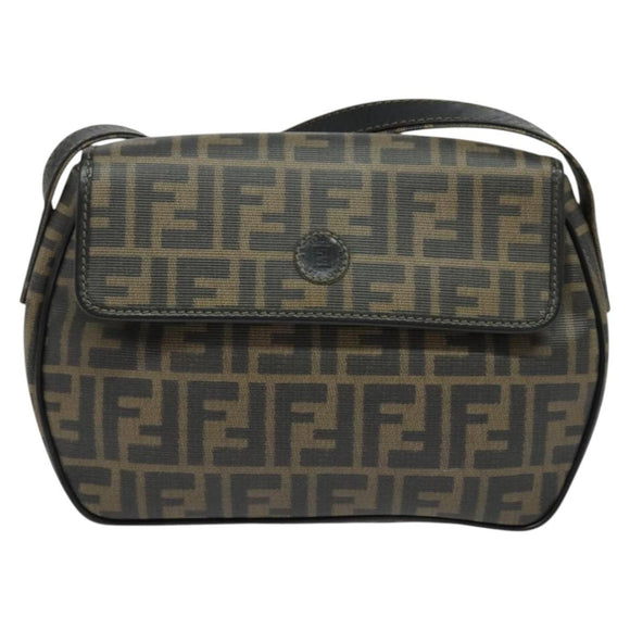 FENDI Zucca Canvas Shoulder Bag PVC Brown Black gold Auth 141091