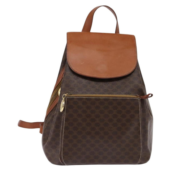CELINE Macadam Canvas Backpack PVC Leather Brown Gold Auth 141097