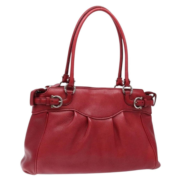 Salvatore Ferragamo Gancini Hand Bag Leather Red Silver Auth 141103