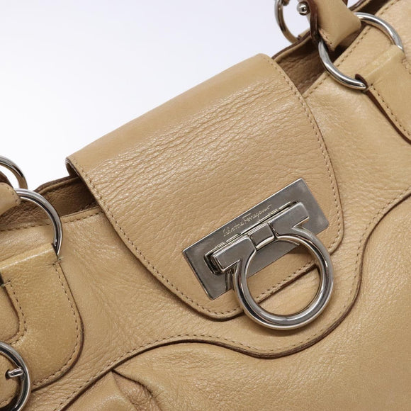 Salvatore Ferragamo Gancini Hand Bag Leather Beige Silver Auth 141104