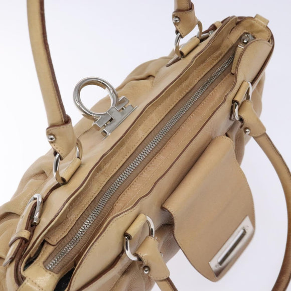 Salvatore Ferragamo Gancini Hand Bag Leather Beige Silver Auth 141104