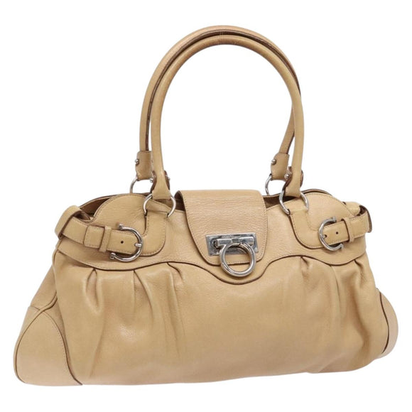 Salvatore Ferragamo Gancini Handtasche Leder Beige Silber Original 141104