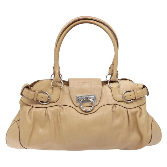 Salvatore Ferragamo Gancini Hand Bag Leather Beige Silver Auth 141104