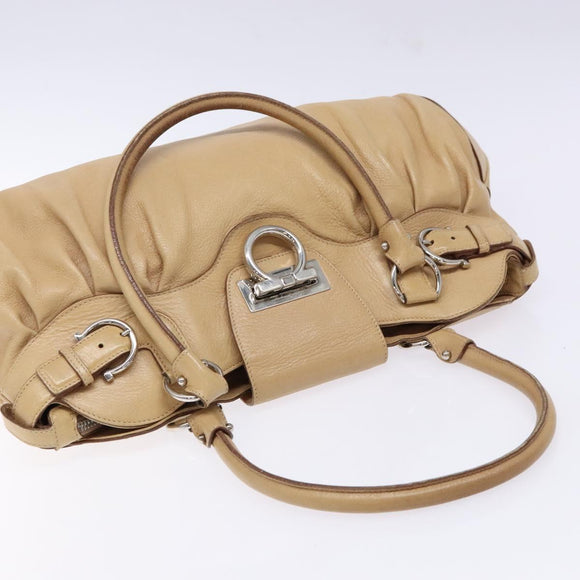 Salvatore Ferragamo Gancini Hand Bag Leather Beige Silver Auth 141104