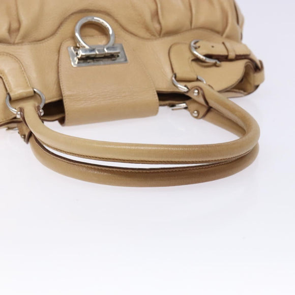 Salvatore Ferragamo Gancini Hand Bag Leather Beige Silver Auth 141104