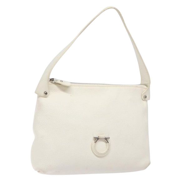 Salvatore Ferragamo Gancini Shoulder Bag Leather White Silver Auth 141105