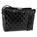 CHANEL Matelasse Shoulder Bag Patent leather Black Gold CC Auth 141133-1