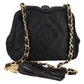 CHANEL Matelasse Waist Bag Satin Black Gold CC Auth 141135V