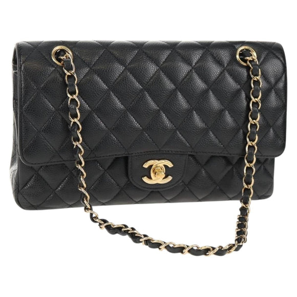 CHANEL Matelasse 25 Double Flap Chain Bag Caviar Skin Black Gold CC Auth 141138M
