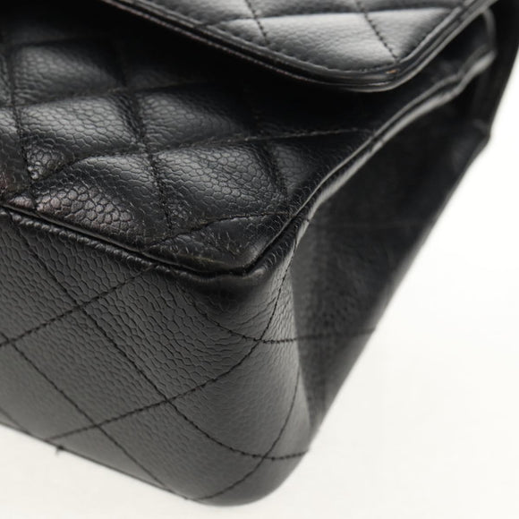 CHANEL Matelasse 25 Double Flap Chain Bag Caviar Skin Black Gold CC Auth 141138M