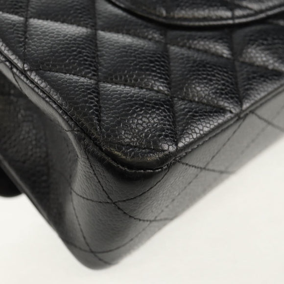 CHANEL Matelasse 25 Double Flap Chain Bag Caviar Skin Black Gold CC Auth 141138M