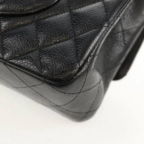 CHANEL Matelasse 25 Double Flap Chain Bag Caviar Skin Black Gold CC Auth 141138M