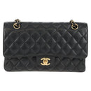 CHANEL Matelasse 25 Double Flap Chain Bag Caviar Skin Black Gold CC Auth 141138M-13
