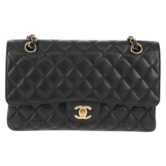 CHANEL Matelasse 25 Double Flap Chain Bag Caviar Skin Black Gold CC Auth 141138M