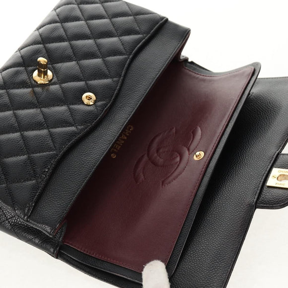 CHANEL Matelasse 25 Double Flap Chain Bag Caviar Skin Black Gold CC Auth 141138M