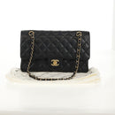 CHANEL Matelasse 25 Double Flap Chain Bag Caviar Skin Black Gold CC Auth 141138M-12