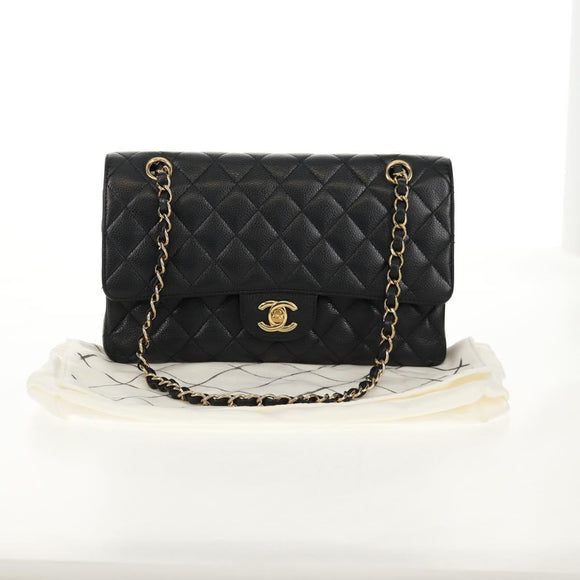 CHANEL Matelasse 25 Double Flap Chain Bag Caviar Skin Black Gold CC Auth 141138M