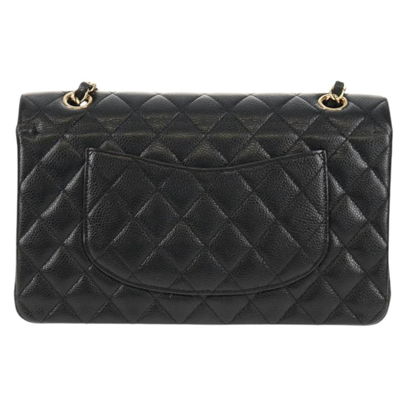 CHANEL Matelasse 25 Double Flap Chain Bag Caviar Skin Black Gold CC Auth 141138M