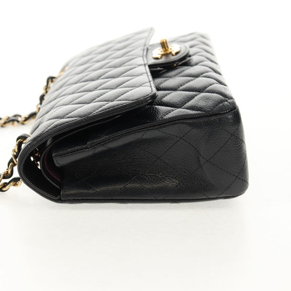 CHANEL Matelasse 25 Double Flap Chain Bag Caviar Skin Black Gold CC Auth 141138M
