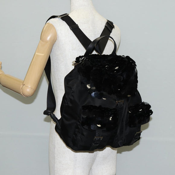 PRADA Sequin Backpack Nylon Black Silver Auth 141151M