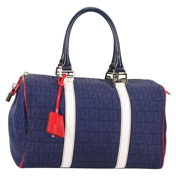 FENDI Zucchino Canvas Boston Bag Navy Gold Auth 141159V