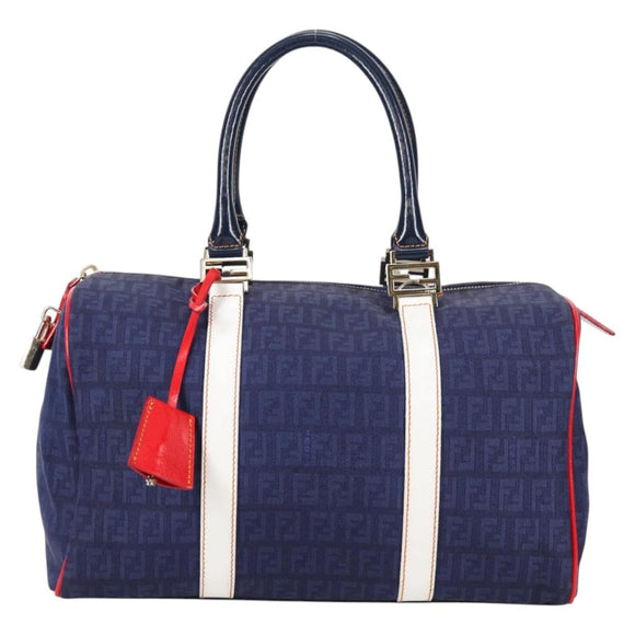 FENDI Zucchino Canvas Boston Bag Navy Gold Auth 141159V