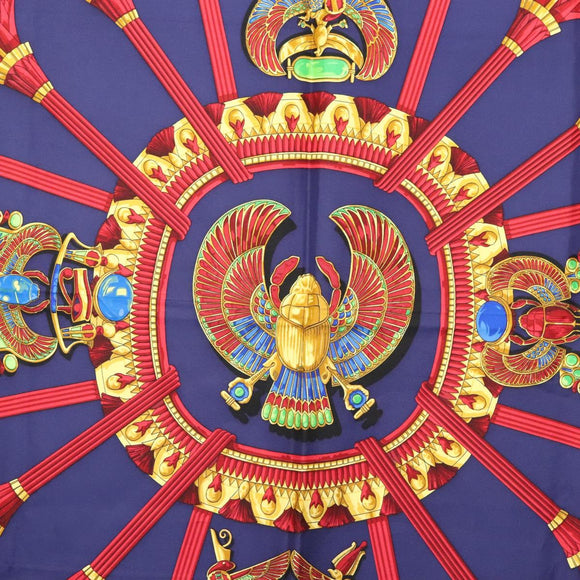 HERMES Caty Ancient Egyptian Scarab Pattern Carre 90 Scarf Silk Blue Auth 141181