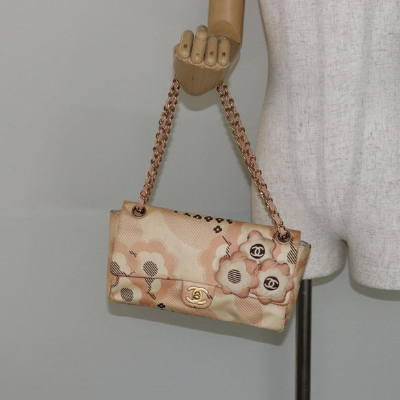 CHANEL Camelia Chain Shoulder Bag Satin Pink Gold CC Auth 141221