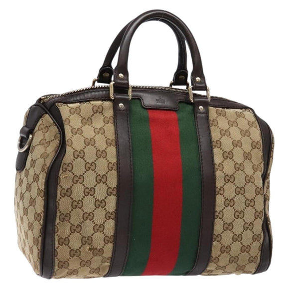 GUCCI GG Canvas Web Sherry Line Boston Bag Beige Gold Auth 141252