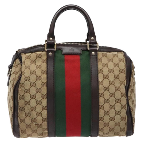 GUCCI GG Canvas Web Sherry Line Boston Bag Beige Gold Auth 141252