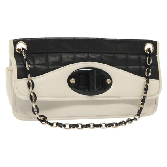 CHANEL Chain Choco Bar Line Bag Lamb Skin Black White gold CC Auth 141256