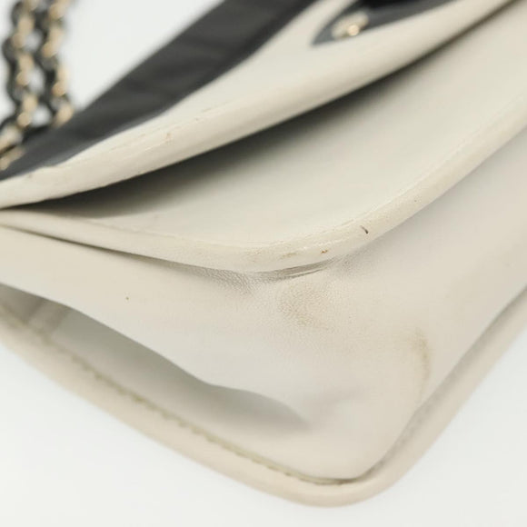 CHANEL Chain Choco Bar Line Bag Lamb Skin Black White gold CC Auth 141256