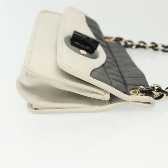 CHANEL Chain Choco Bar Line Bag Lamb Skin Black White gold CC Auth 141256