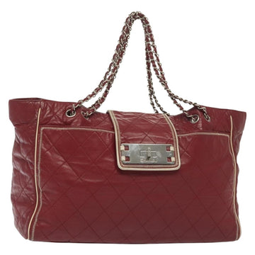 CHANEL Chain Tote Bag Leather Red Silver CC Auth 141257