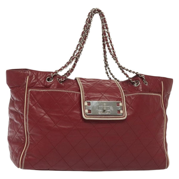 CHANEL Chain Tote Bag Leather Red Silver CC Auth 141257
