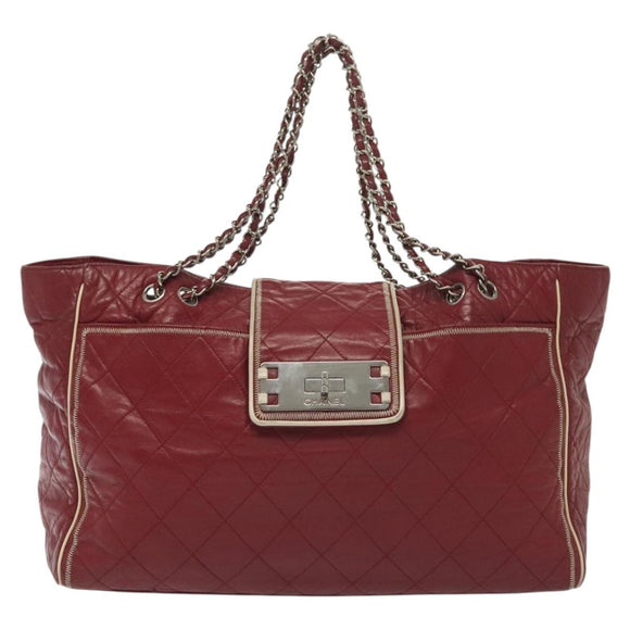 CHANEL Chain Tote Bag Leather Red Silver CC Auth 141257