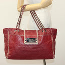 CHANEL Chain Tote Bag Leather Red Silver CC Auth 141257-21