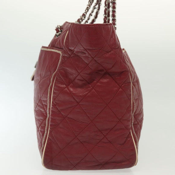 CHANEL Chain Tote Bag Leather Red Silver CC Auth 141257