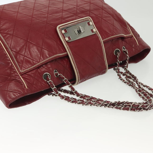 CHANEL Chain Tote Bag Leather Red Silver CC Auth 141257