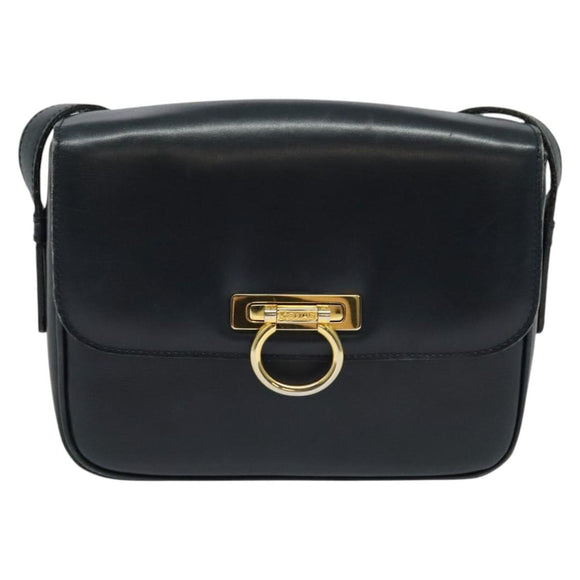 CELINE Shoulder Bag Leather Navy Gold Auth 141341