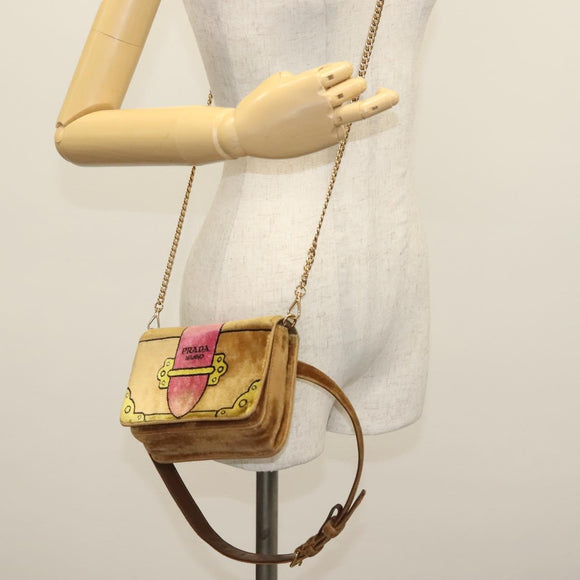 PRADA Chain Kaye Shoulder Bag Velor Beige Gold Auth 141360