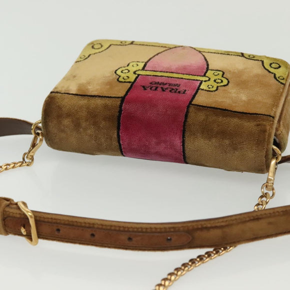 PRADA Chain Kaye Shoulder Bag Velor Beige Gold Auth 141360