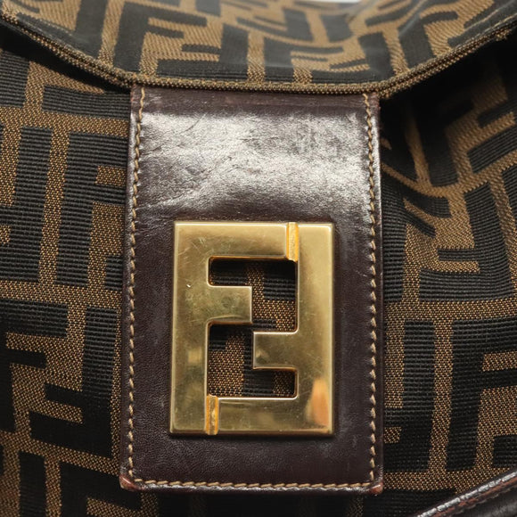 FENDI Zucca Canvas Shoulder Bag Black Brown gold Auth 141407