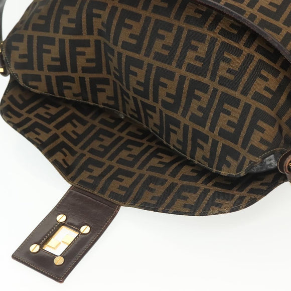 FENDI Zucca Canvas Shoulder Bag Black Brown gold Auth 141407